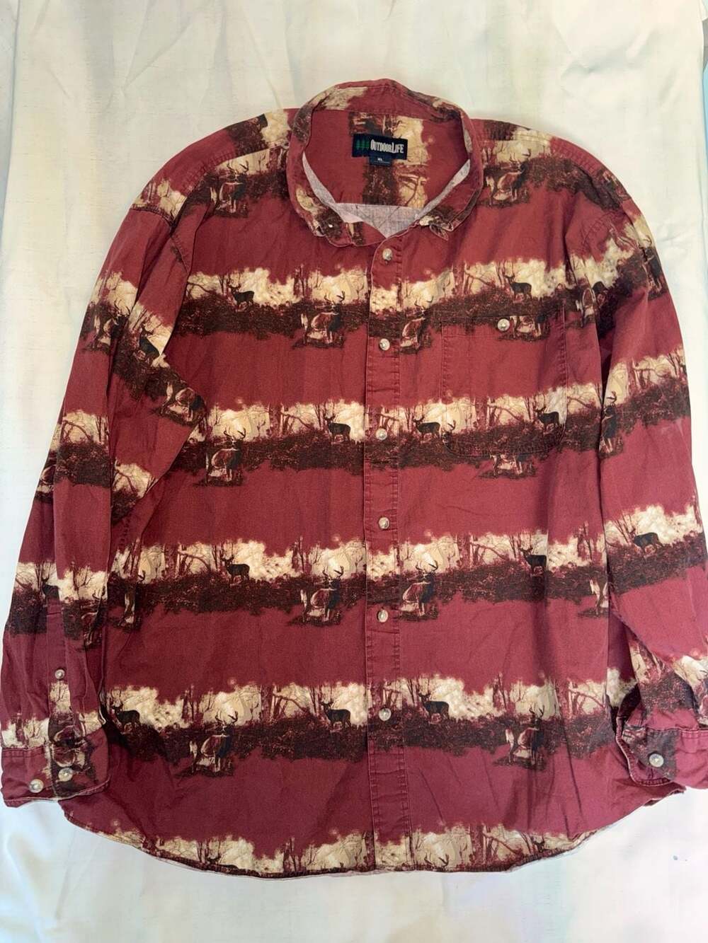 Outdoor Life Vintage Deer Forest All-Over Print Button-Down Long Sleeve Shirt XL
